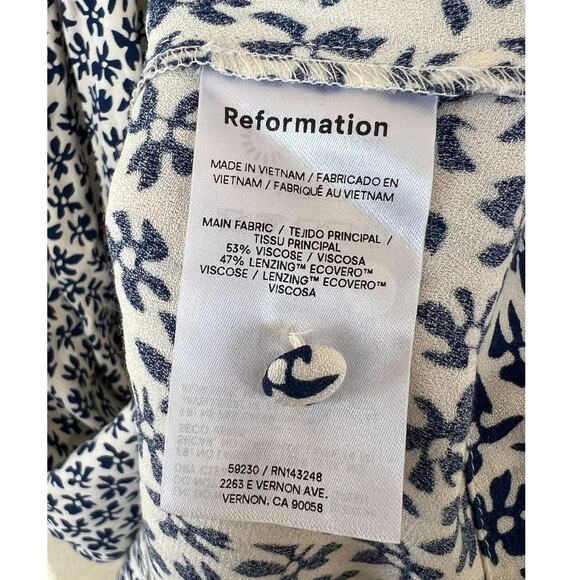 Reformation Adair Blue White Floral Button Front Midi Dress 12 Half Sleeve - Picture 7 of 8